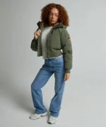 Womens Ossani Split Cropped Hooded Puffer Bomber Jacket DUSTY OLIVE