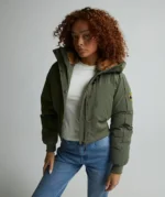 Womens Ossani Split Cropped Hooded Puffer Bomber Jacket DUSTY OLIVE