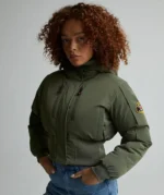 Womens Ossani Split Cropped Hooded Puffer Bomber Jacket DUSTY OLIVE