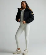 Womens Ossani Split Cropped Hooded Puffer Bomber Jacket JET BLACK