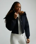 Womens Ossani Split Cropped Hooded Puffer Bomber Jacket JET BLACK