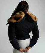 Womens Ossani Split Cropped Hooded Puffer Bomber Jacket JET BLACK