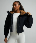 Womens Ossani Split Cropped Hooded Puffer Bomber Jacket JET BLACK