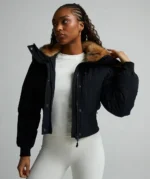 Womens Ossani Split Cropped Hooded Puffer Bomber Jacket JET BLACK