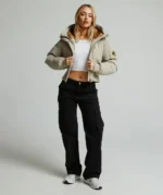 Womens Ossani Split Hood Crop Puffer Bomber Jacket PURE CASHMERE