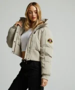 Womens Ossani Split Hood Crop Puffer Bomber Jacket PURE CASHMERE