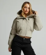Womens Ossani Split Hood Crop Puffer Bomber Jacket PURE CASHMERE